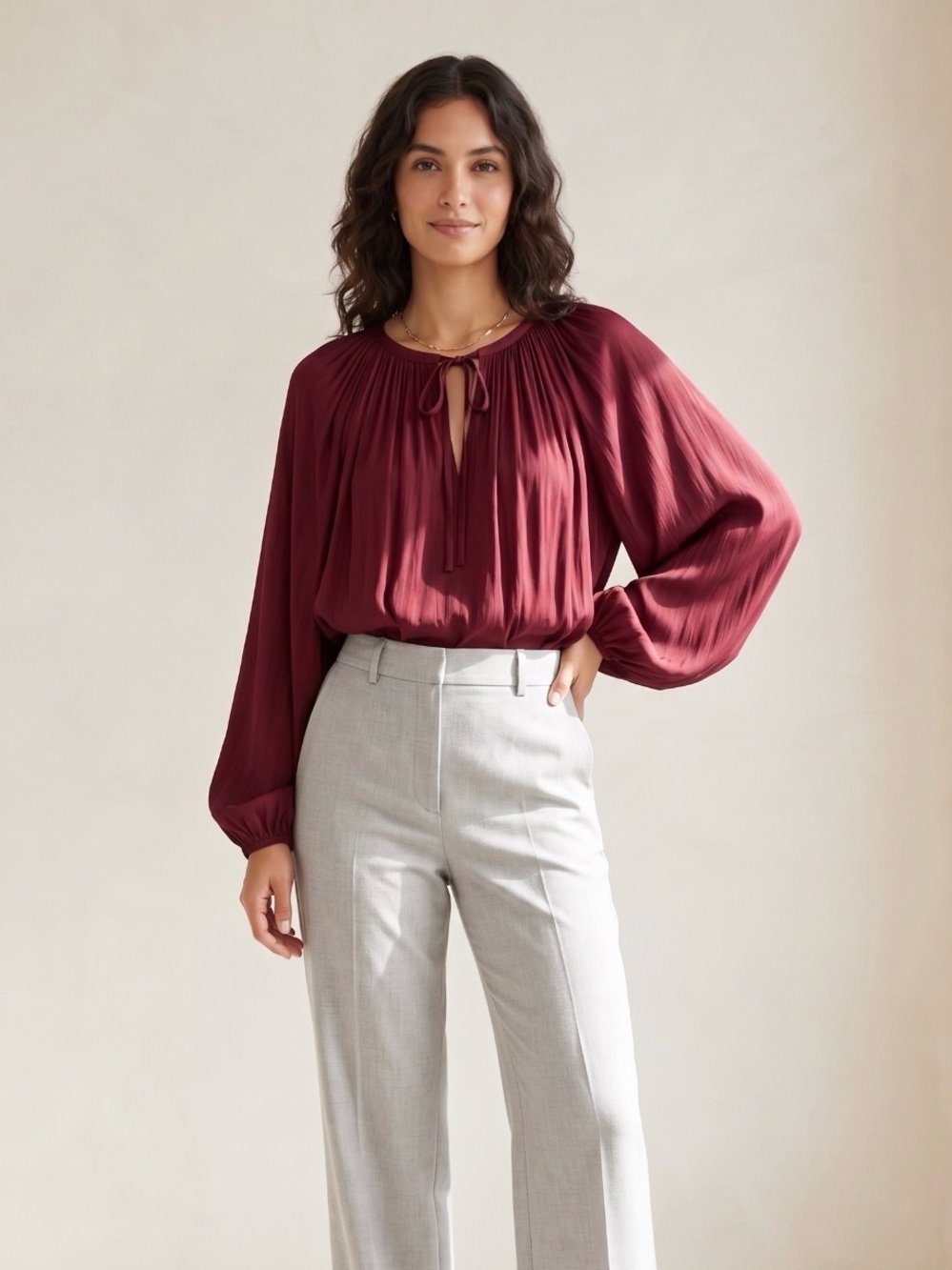Ramy Brook Burgundy Pleated Tie-Neck Blouse Size XS